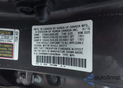 2016 Honda Cr-V Ex-L z USA, uszkodzony, nr VIN 2HKRM4H72GH628644